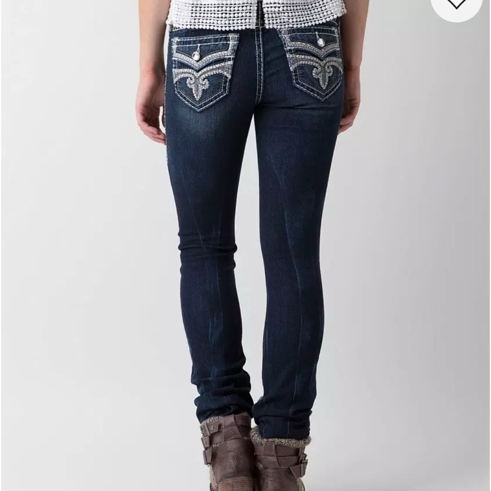 Rock Revival Sukara Straight Leg Dark Wash Jeans Embellished Pockets 25